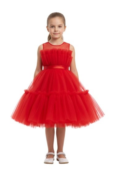 Toddler Girls Bow Front Ruffle Hem Mesh Gown Dress Red