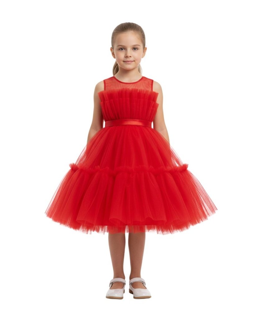 Toddler Girls Bow Front Ruffle Hem Mesh Gown Dress Red