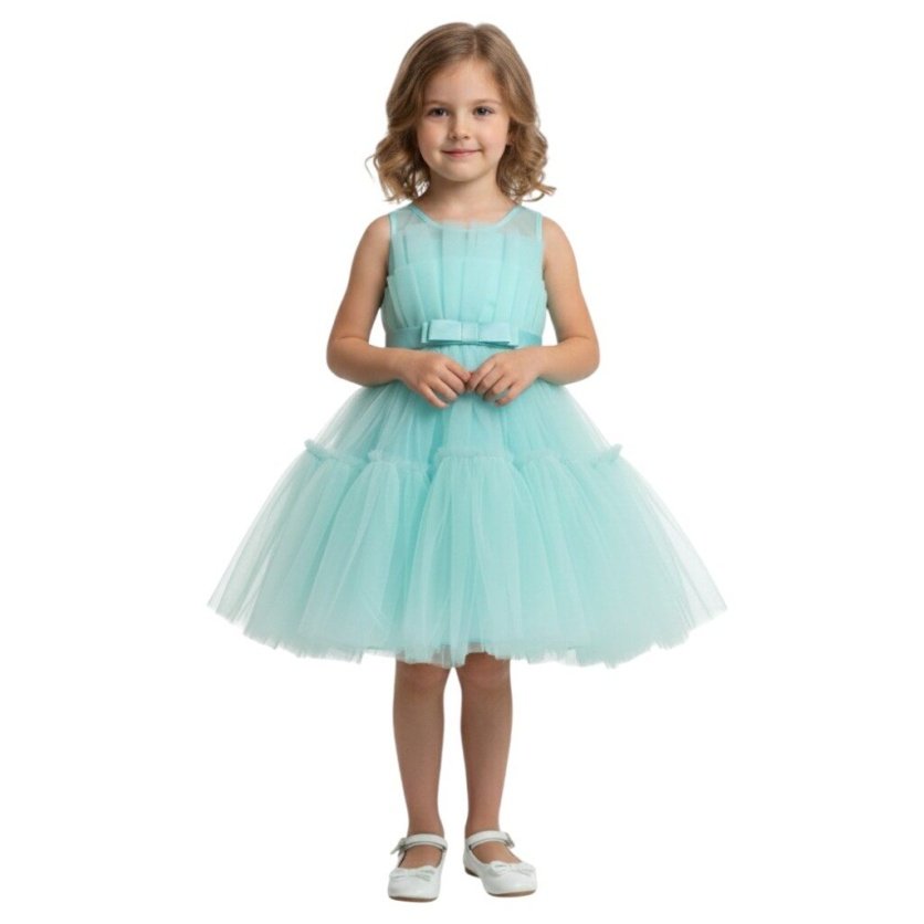 Toddler Girls Bow Front Ruffle Hem Mesh Gown Dress Sea Green