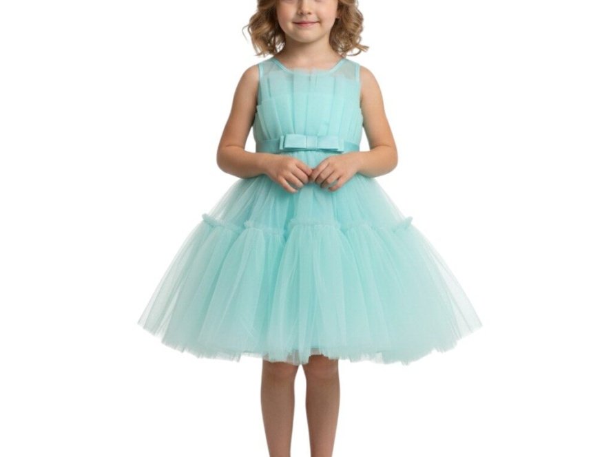 Toddler Girls Bow Front Ruffle Hem Mesh Gown Dress Sea Green