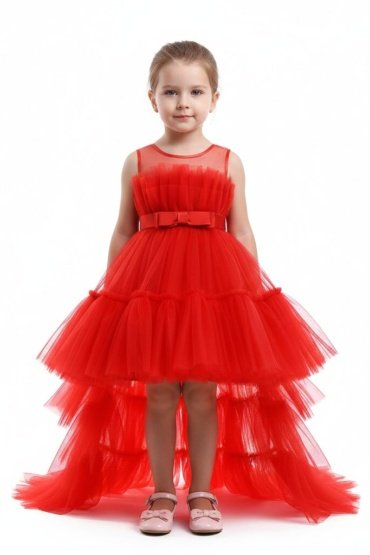 Toddler Girls Bow Front Ruffle Hem Mesh Gown Dress with Long Tail Red