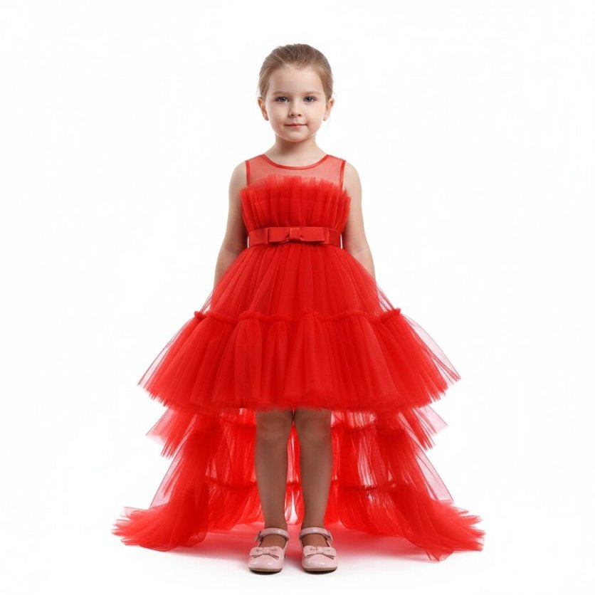 Toddler Girls Bow Front Ruffle Hem Mesh Gown Dress with Long Tail Red