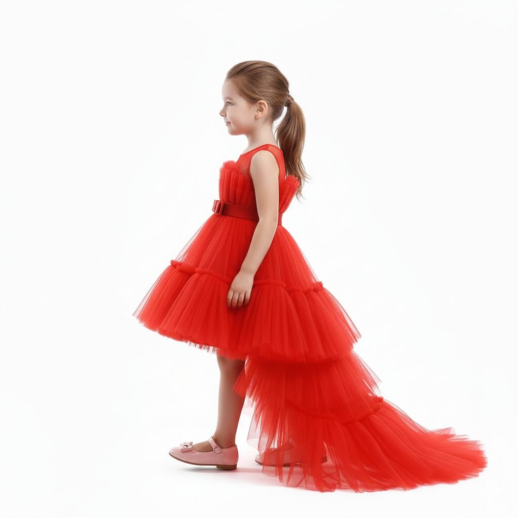 Toddler Girls Bow Front Ruffle Hem Mesh Gown Dress with Long Tail Red – photo 2