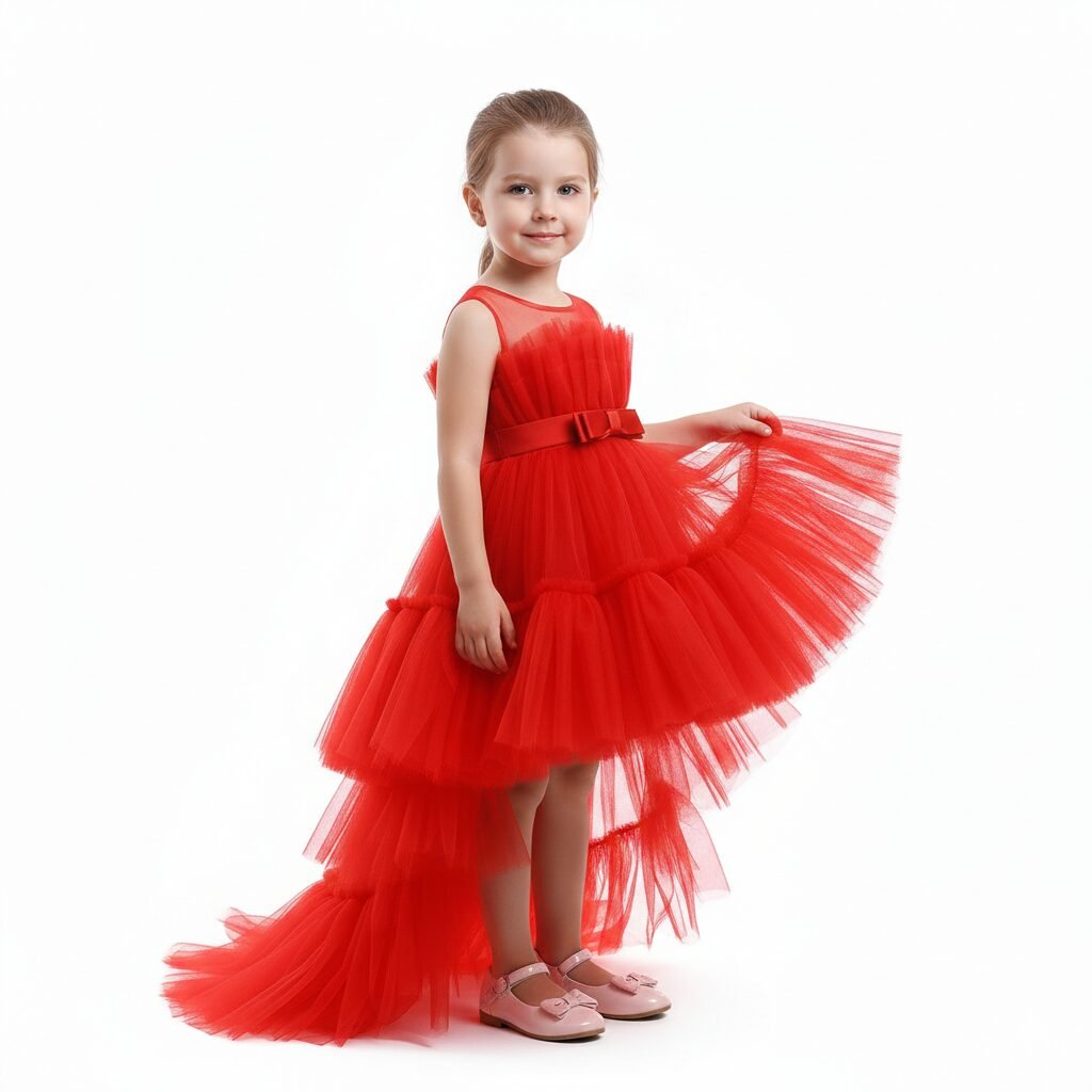 Toddler Girls Bow Front Ruffle Hem Mesh Gown Dress with Long Tail Red – photo 3