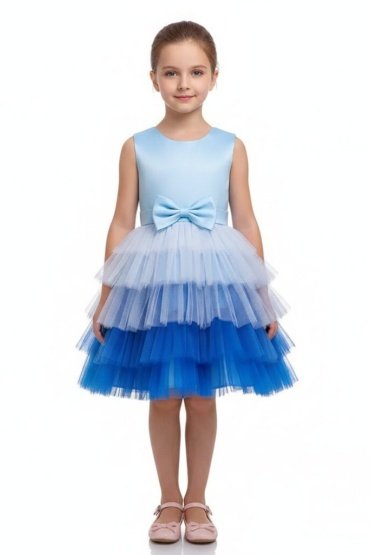 Toddler Girls Bow Front Ombre Layered Gown Dress Blue