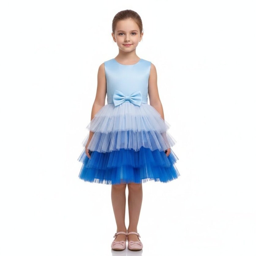 Toddler Girls Bow Front Ombre Layered Gown Dress Blue