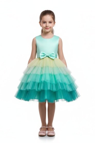 Toddler Girls Bow Front Ombre Layered Gown Dress Green