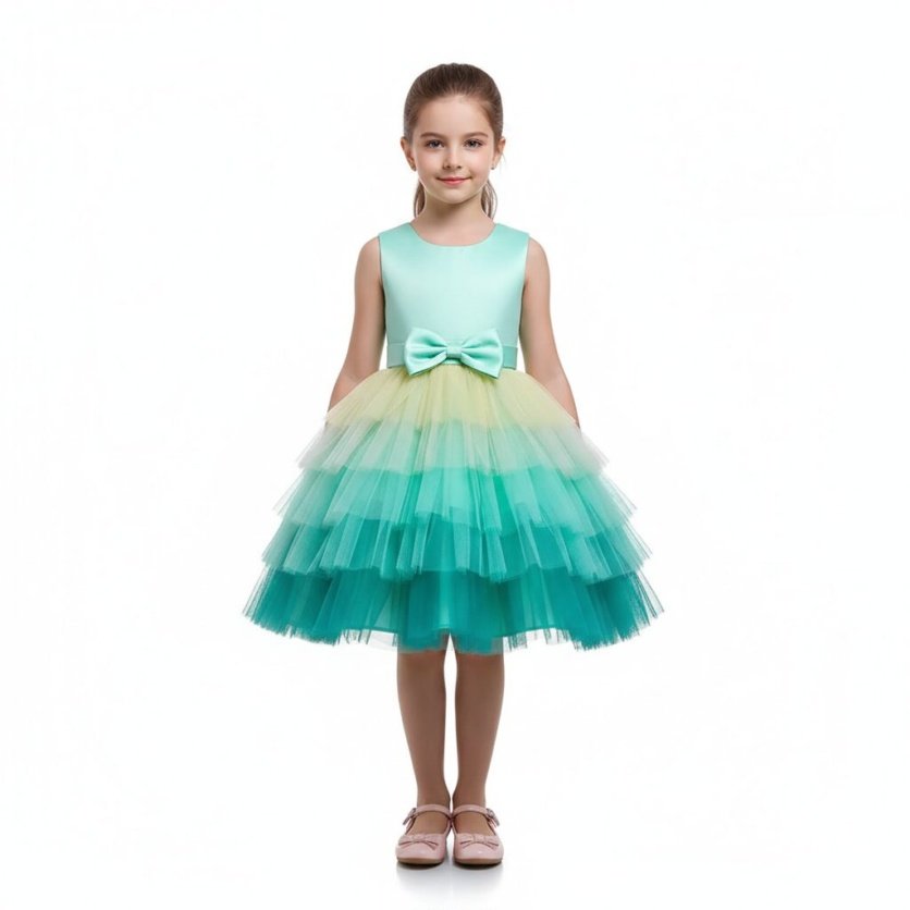 Toddler Girls Bow Front Ombre Layered Gown Dress Green