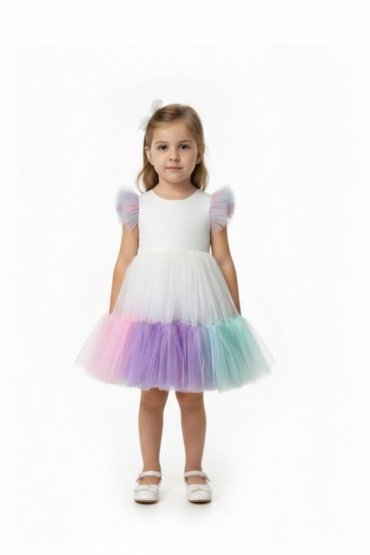Toddler Girls Contrast Mesh Ruffle Trim Colorblock Flounce Hem Gown Dress