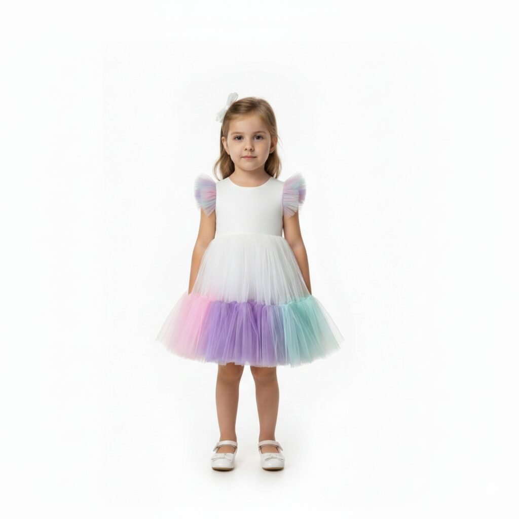 Toddler Girls Contrast Mesh Ruffle Trim Colorblock Flounce Hem Gown Dress – birthday party dress for girls Dubai