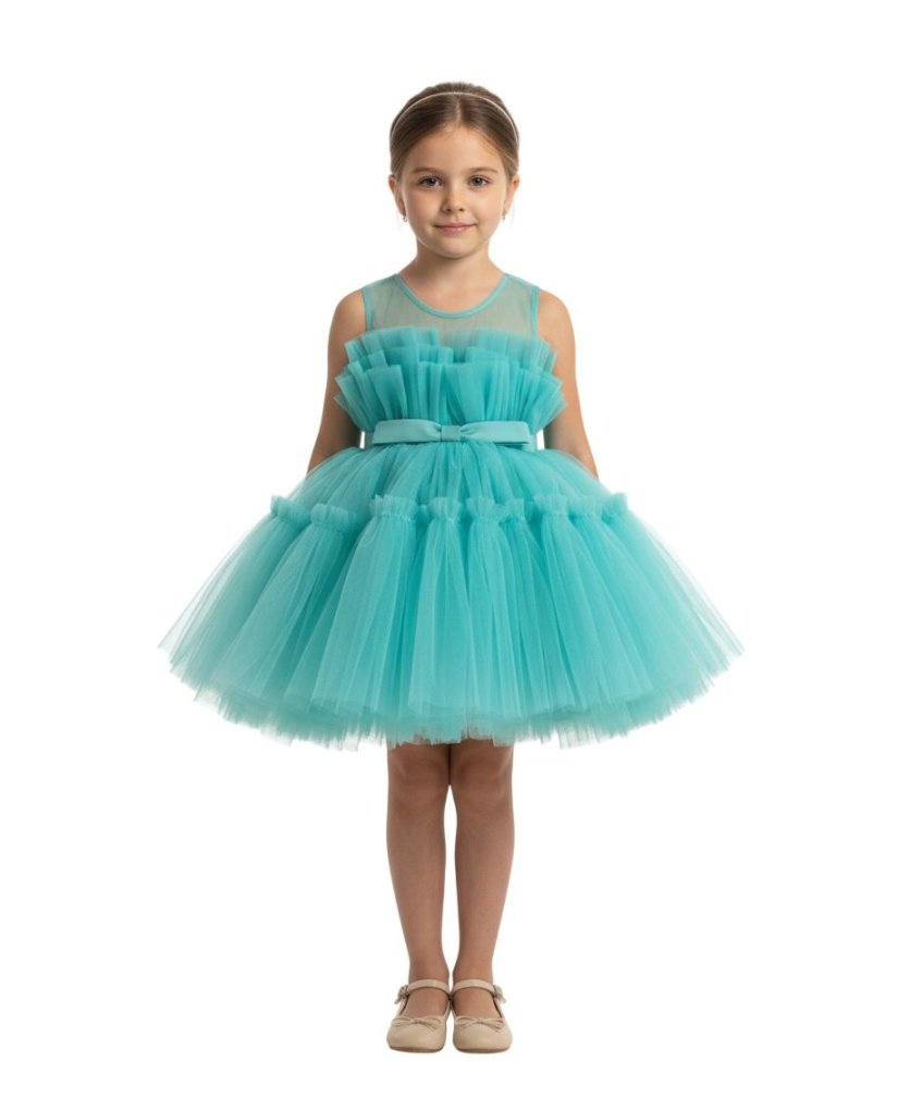 Toddler Girls Bow Front Ruffle Hem Mesh Gown Dress Tiffany Green TI