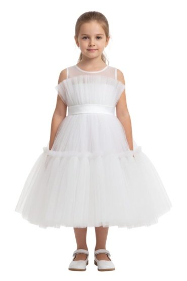 Toddler Girls Bow Front Ruffle Hem Mesh Gown Dress White