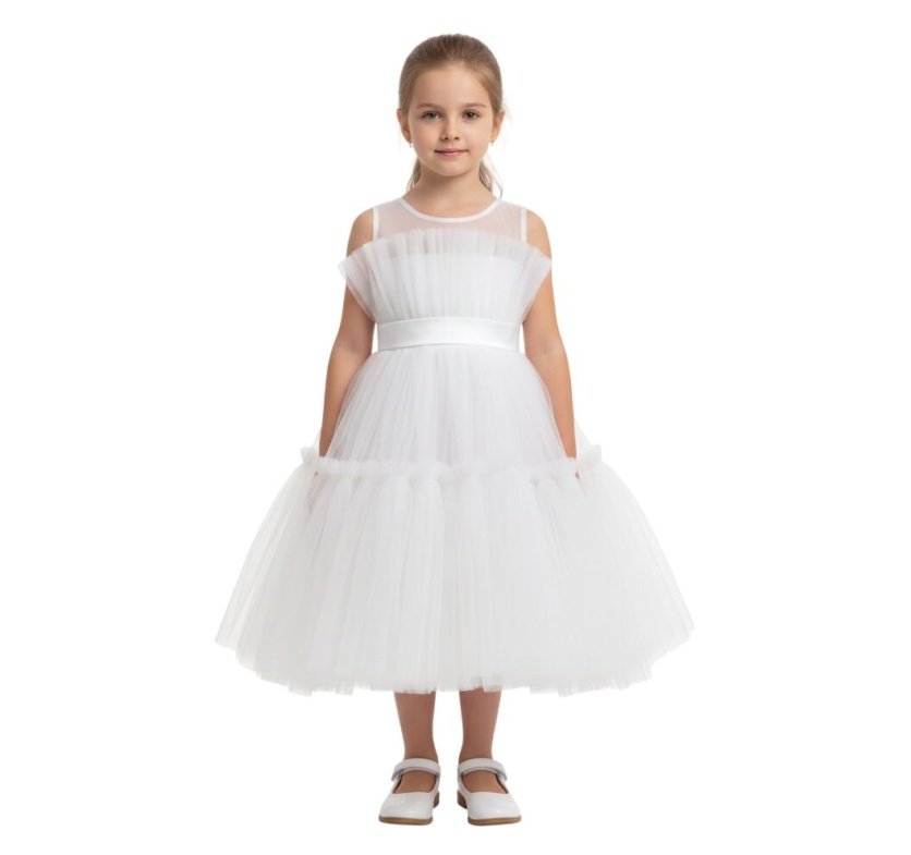 Toddler Girls Bow Front Ruffle Hem Mesh Gown Dress White