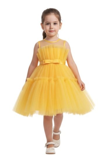 Toddler Girls Bow Front Ruffle Hem Mesh Gown Dress Yellow