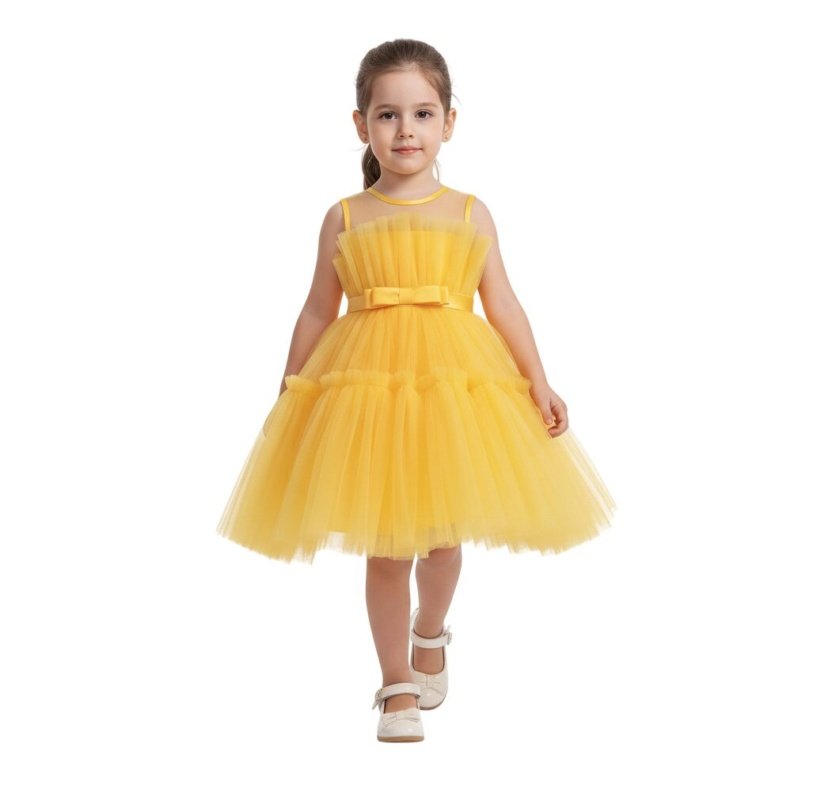 Toddler Girls Bow Front Ruffle Hem Mesh Gown Dress Yellow